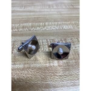 Vintage Swank Silver Tone Square Cuff Links Faux Pearl Center